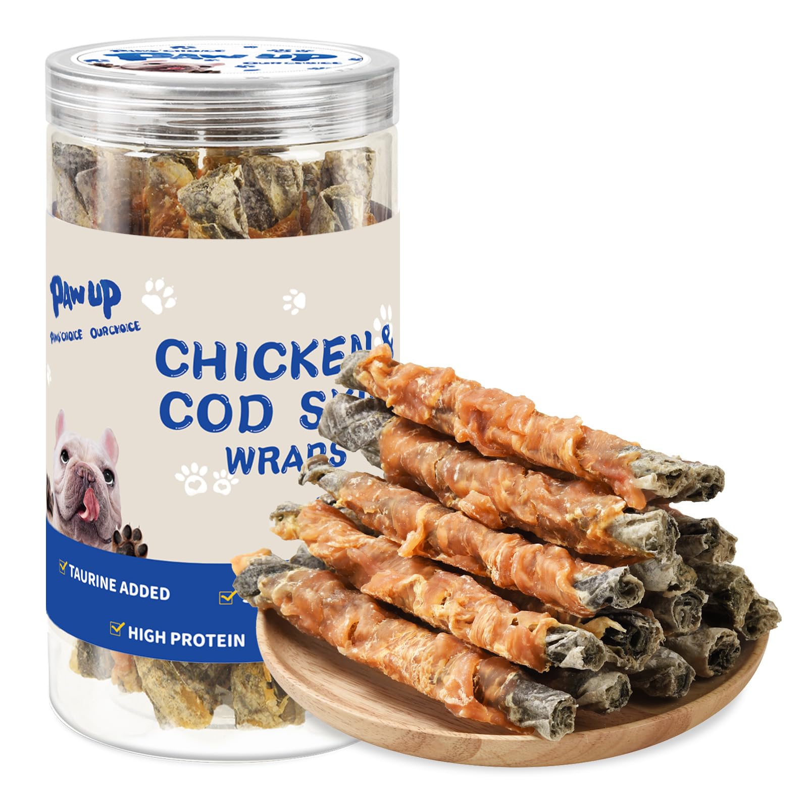 PAWUP chicken-wrapped cod skins dog treat; chewy bite with omega-rich cod skin.
