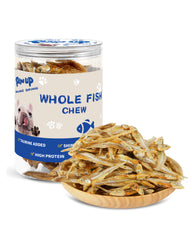 PAWUP dried whole fish treats packaging shows an 8 oz bag for easy rewards.