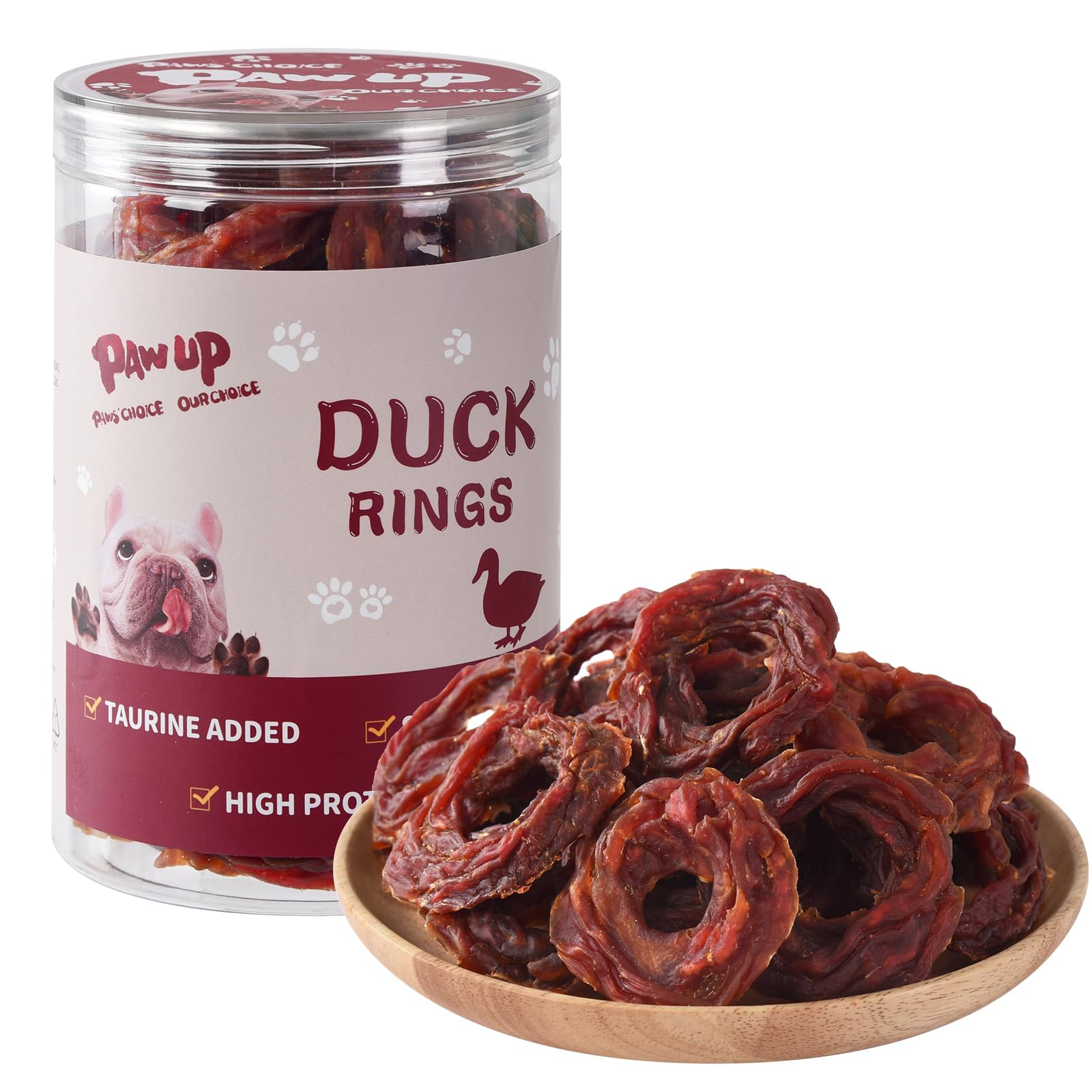 PAWUP Duck Jerky Rings packaging with certified quality seals for safe pet snacks.