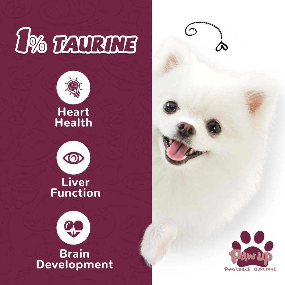 PAWUP Duck Jerky Rings taurine-ingredient image suggests heart and brain support possibilities.