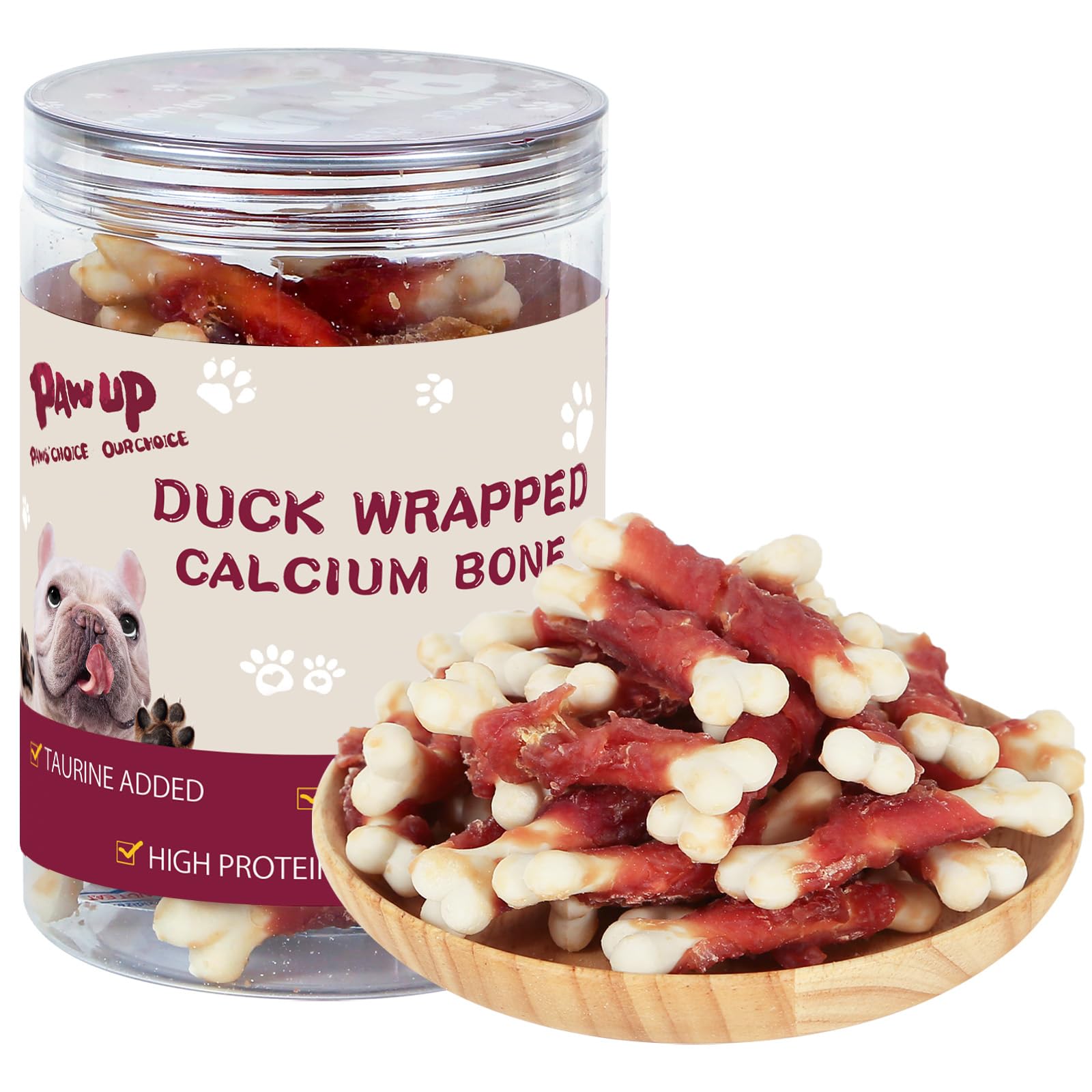PAWUP duck-wrapped dog bones bag showcases duck flavor and clean-teeth concept.