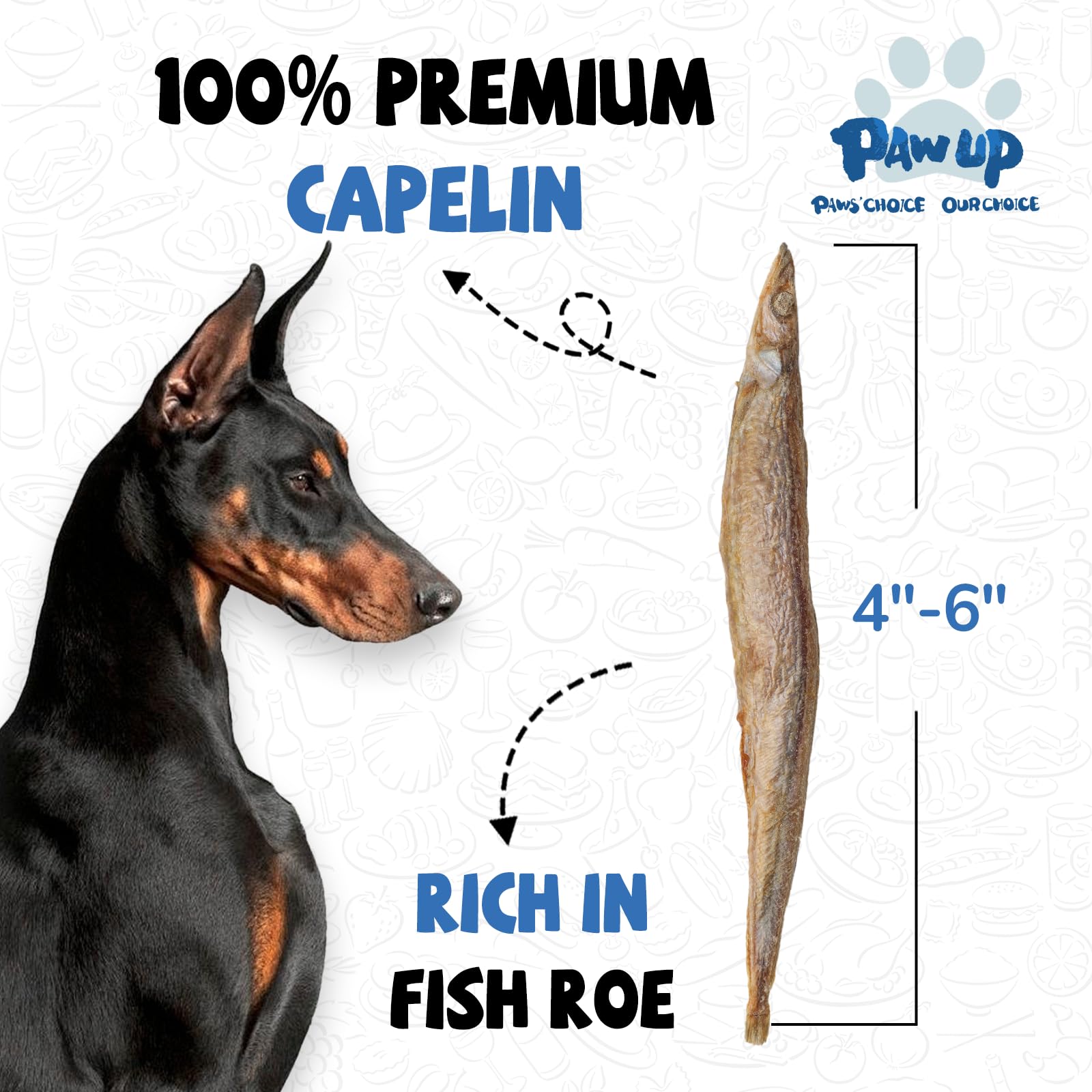 PAWUP Freeze-Dried Capelin Snacks showing textured bites and nutrition.