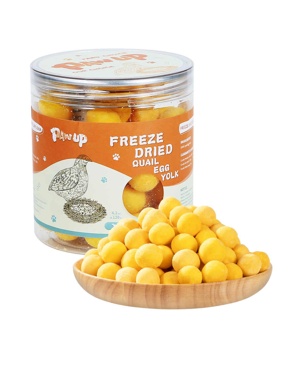 PAWUP freeze-dried quail egg yolk treats pack shot for training and nutrition.