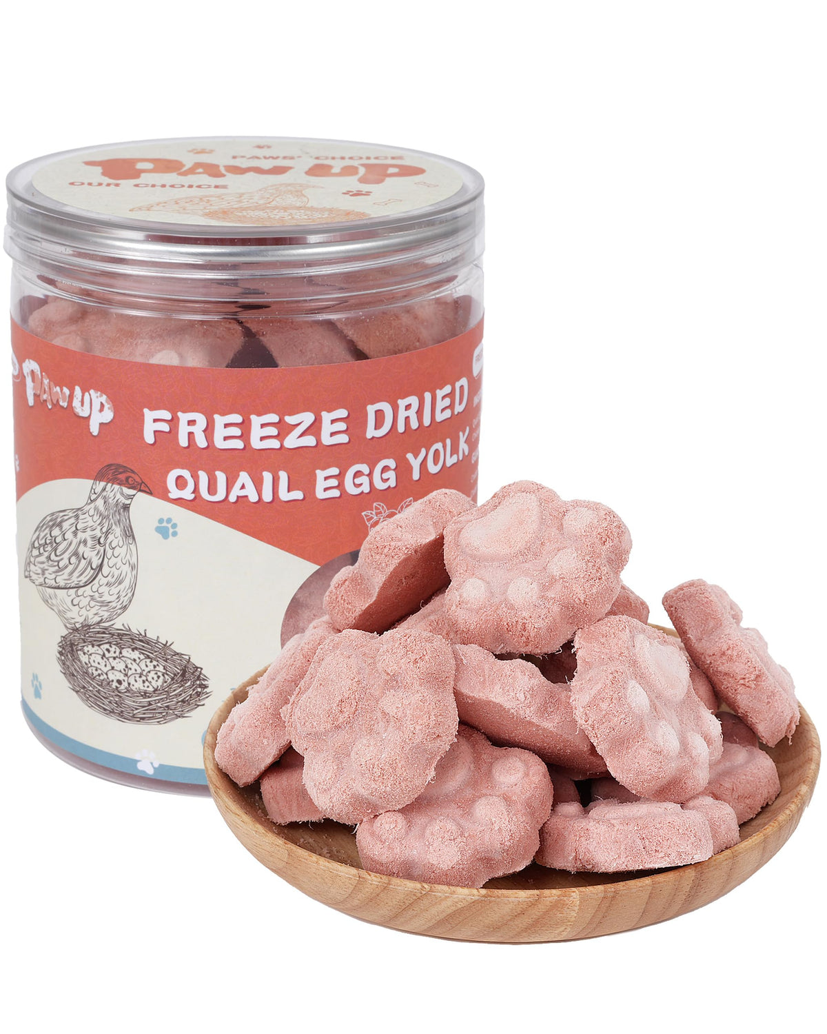 PAWUP packaging showing premium freeze-dried quail egg yolk treats for safe snacking.