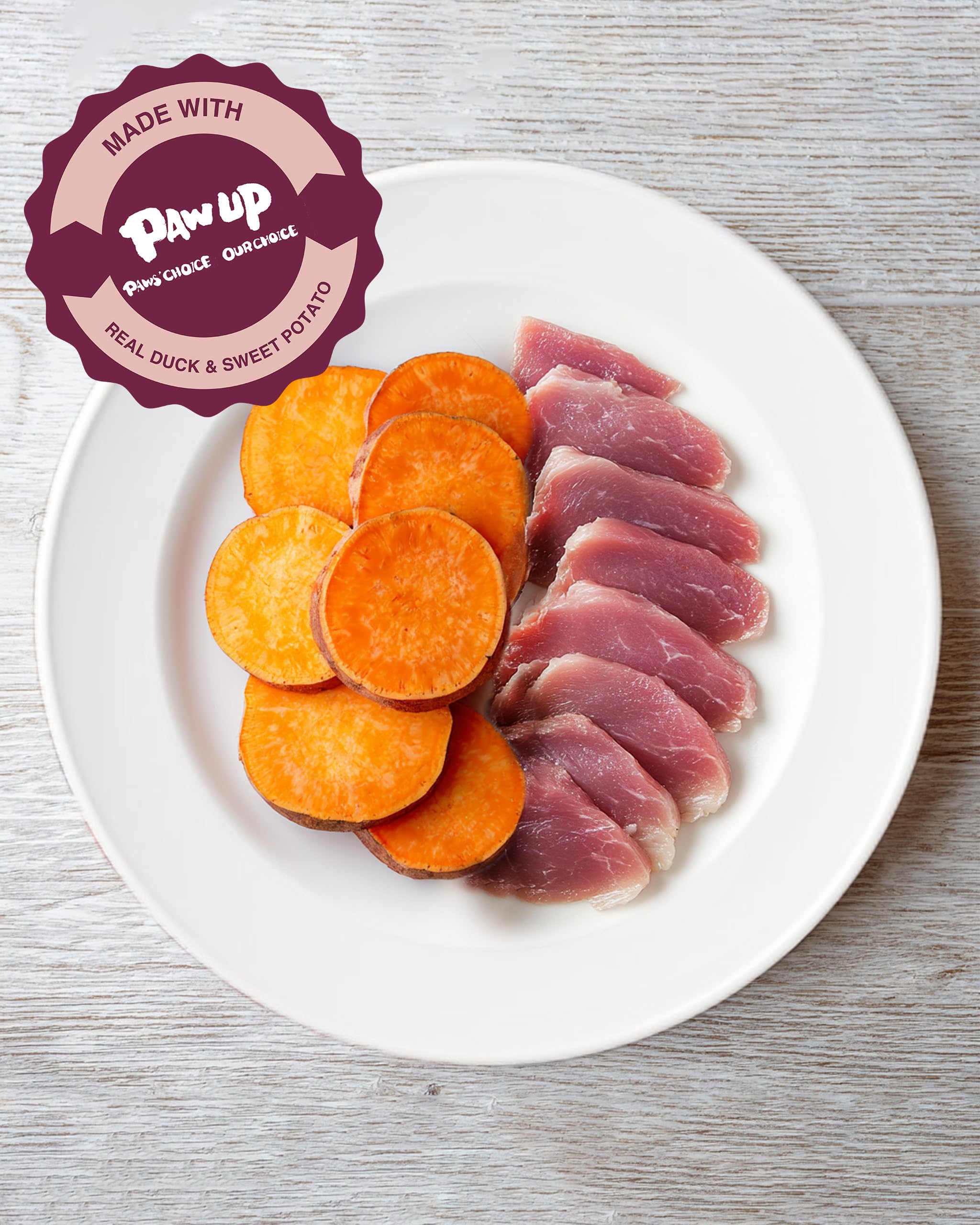 PAWUP hand-wrapped duck treats highlight a soft center ideal for small dogs.