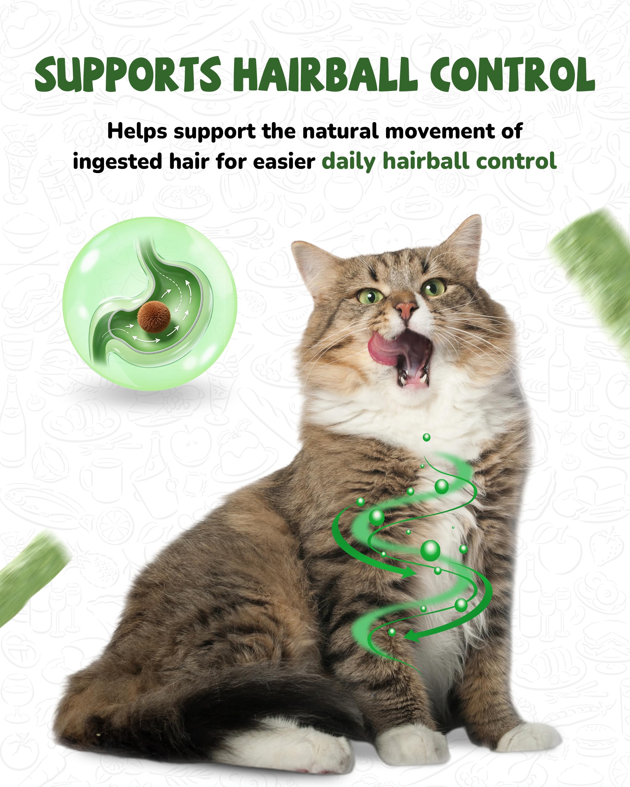 PAWUP high-fiber hairball support: cat grass aids hair passage.