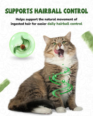 PAWUP high-fiber hairball support: cat grass aids hair passage.