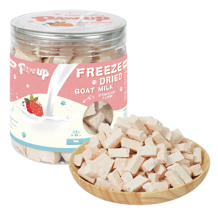 PAWUP packaging for freeze-dried goat milk treats highlights premium ingredients for convenient use.