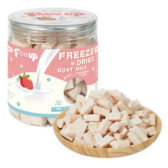 PAWUP packaging for freeze-dried goat milk treats highlights premium ingredients for convenient use.