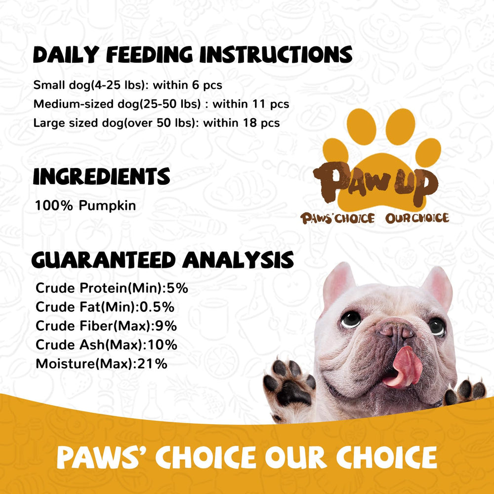 PAWUP pumpkin slices packaging; convenient 5.29 oz and 14-16 counts