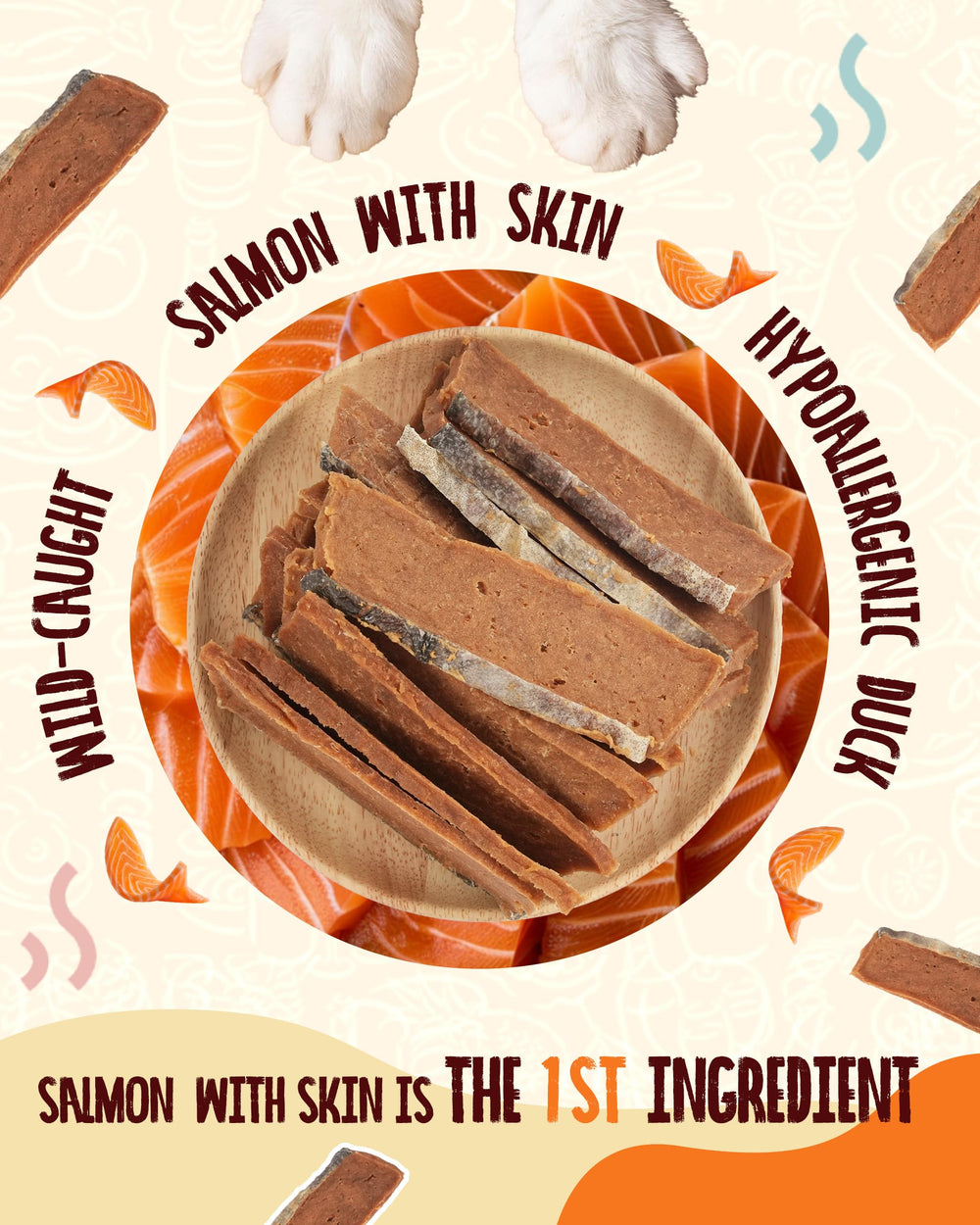 PAWUP salmon treats with fish skin for chewy texture and flavor.