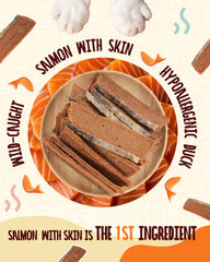PAWUP salmon treats with fish skin for chewy texture and flavor.