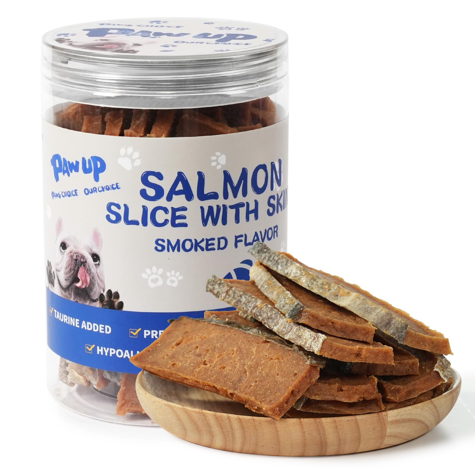 PAWUP smoked salmon jerky dog treats for a high-protein reward.