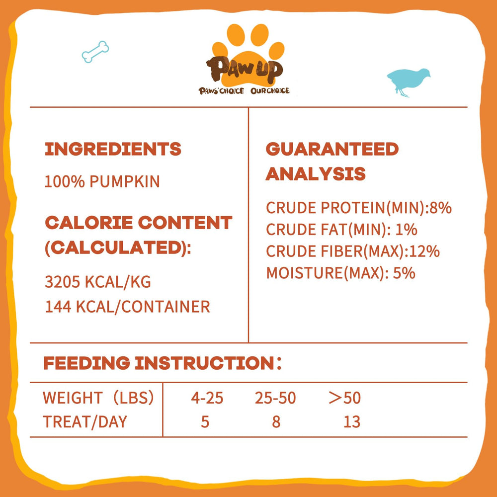 PAWUP single-ingredient pumpkin treat emphasizes pure pumpkin goodness.