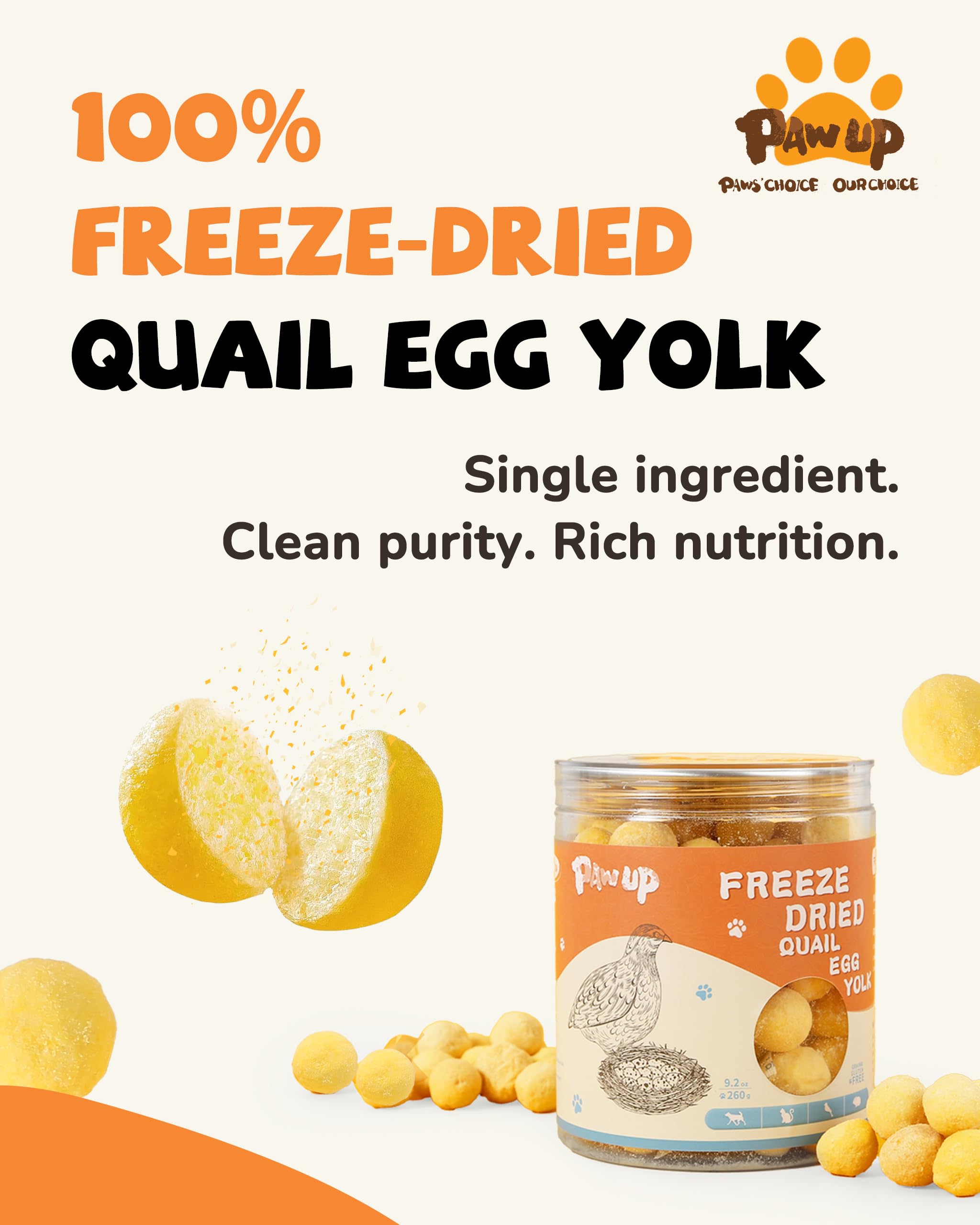 PAWUP single-ingredient quail egg yolk snack for clean, simple nutrition.