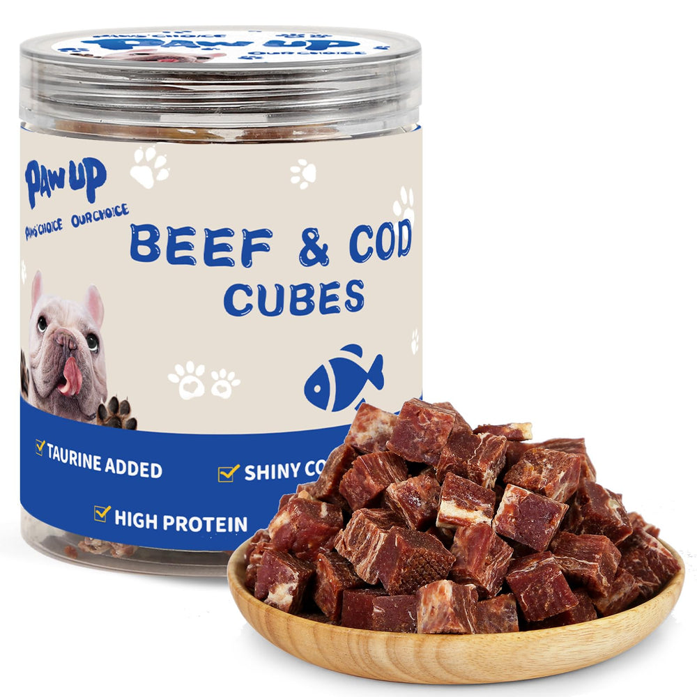 PAWUP training rewards cubes beef cod, pack-shot, appealing texture for rewarding dogs