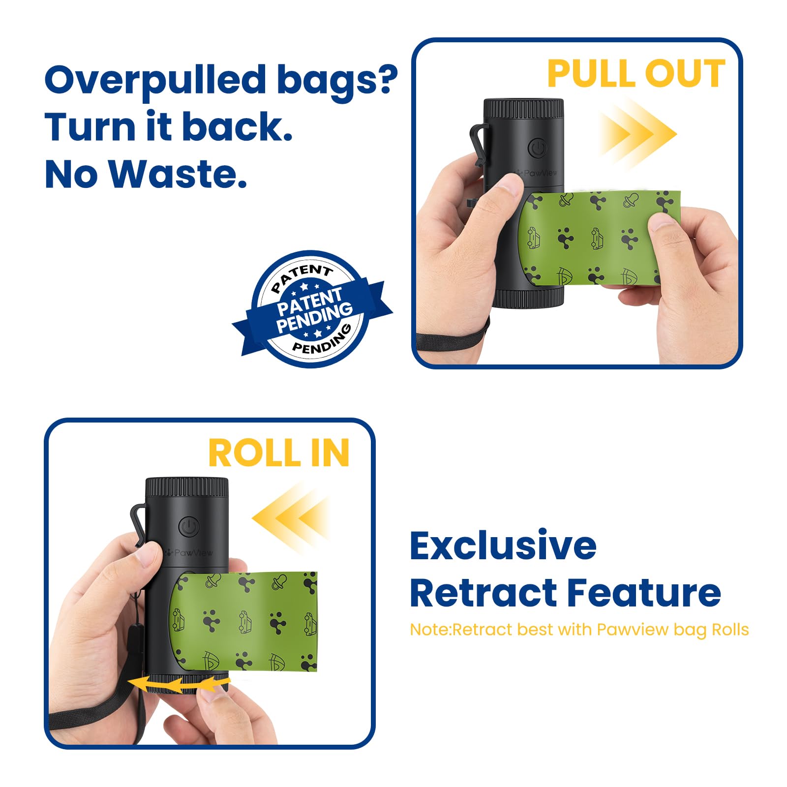 PawView hands-free dispenser with bag hook for mess-free use.