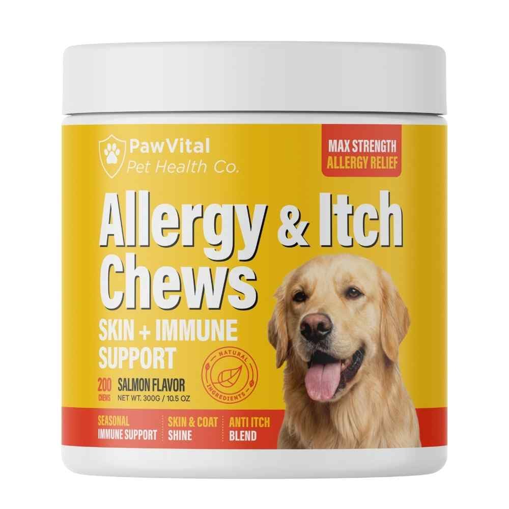 PawVital Dog Allergy Chews bottle front shows a salmon-flavored daily relief option