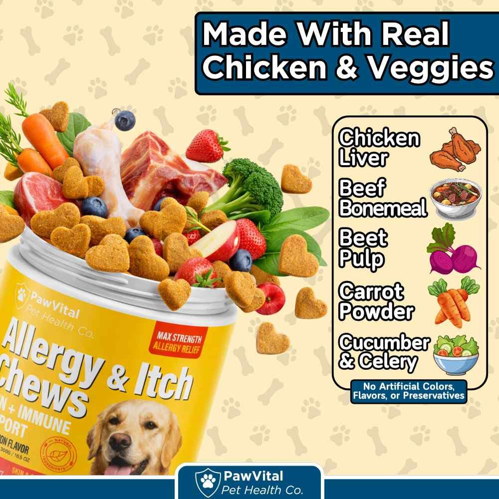 PawVital Dog Allergy Chews salmon oil highlight supports skin and coat