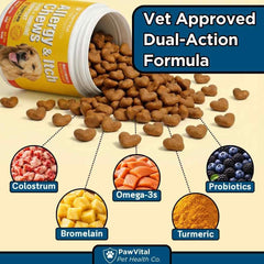 PawVital Dog Allergy Chews texture closeup emphasizes tasty salmon flavor
