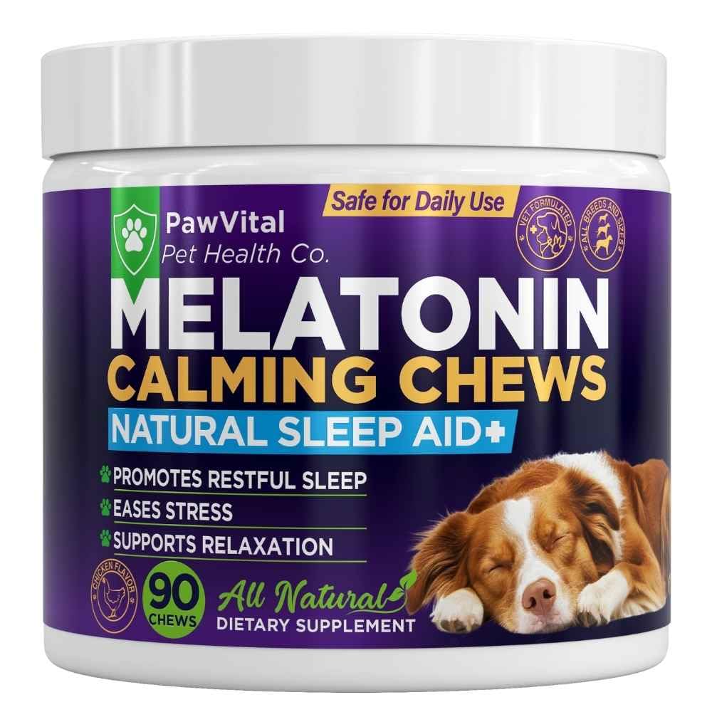 PawVital Melatonin Calming Chews in a dog bowl support restful sleep for dogs