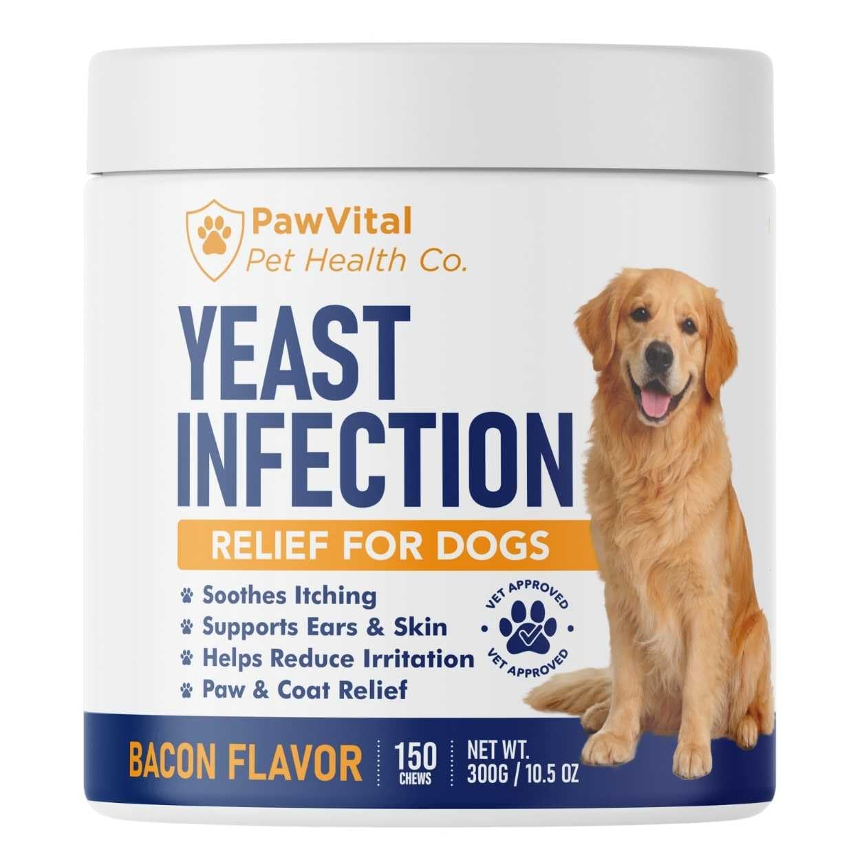 PawVital natural yeast chews bottle close, convenient daily support for dogs