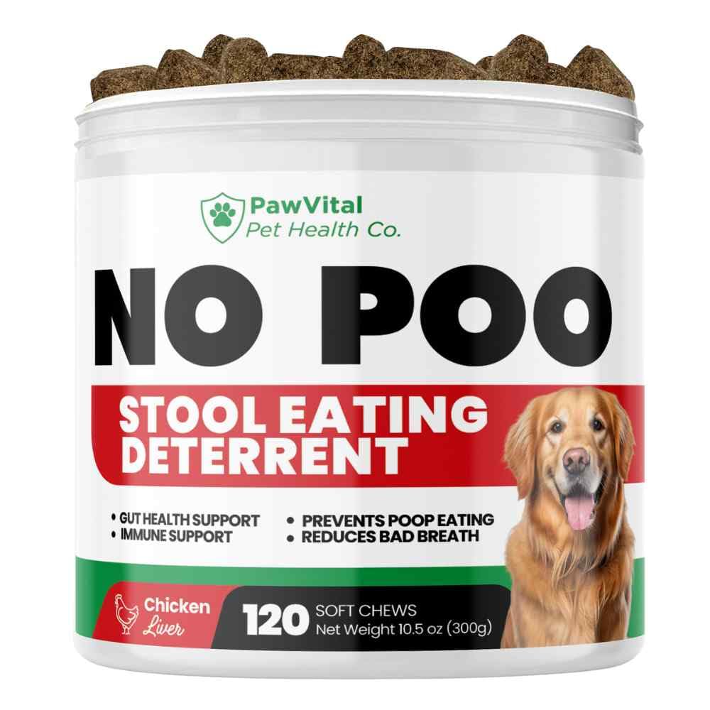 PawVital No Poo Chews bottle front—natural deterrent to poop eating in dogs