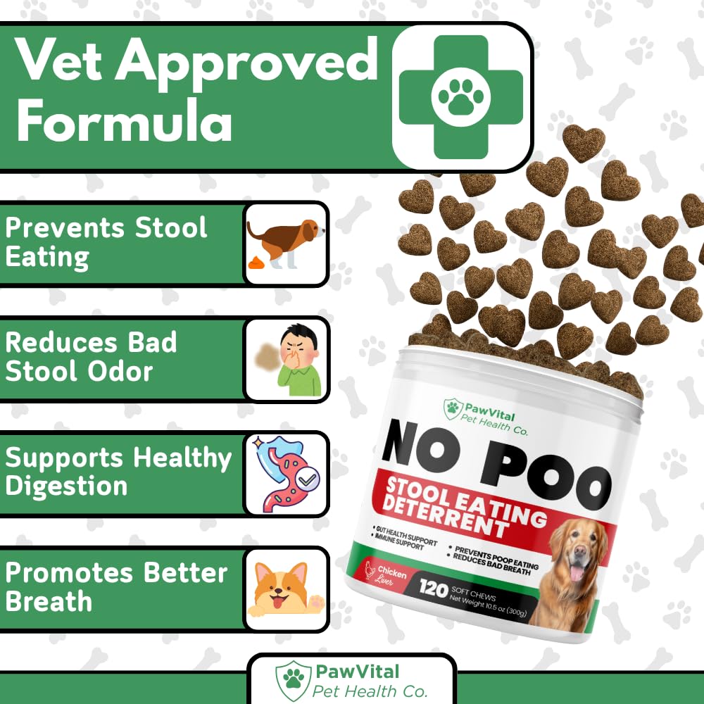 PawVital No Poo Chews ingredients label—digestive enzymes and probiotics support absorption