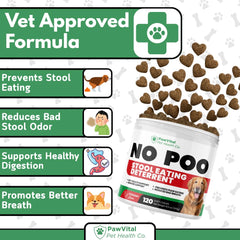PawVital No Poo Chews ingredients label—digestive enzymes and probiotics support absorption