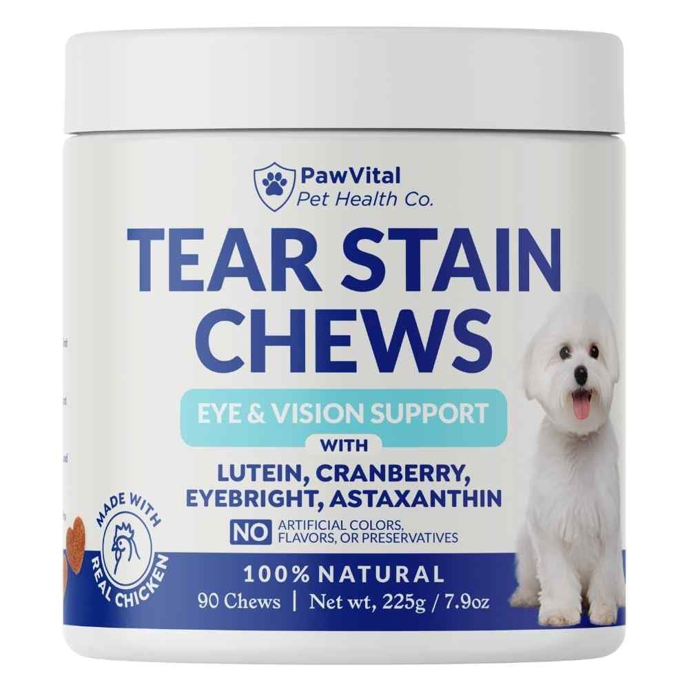 PawVital Tear Stain Chews bottle for clear, healthy eyes.