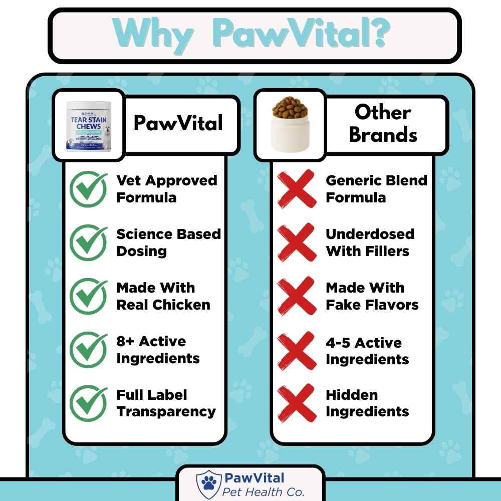 PawVital Tear Stain Chews dog eye closeup with brighter look.