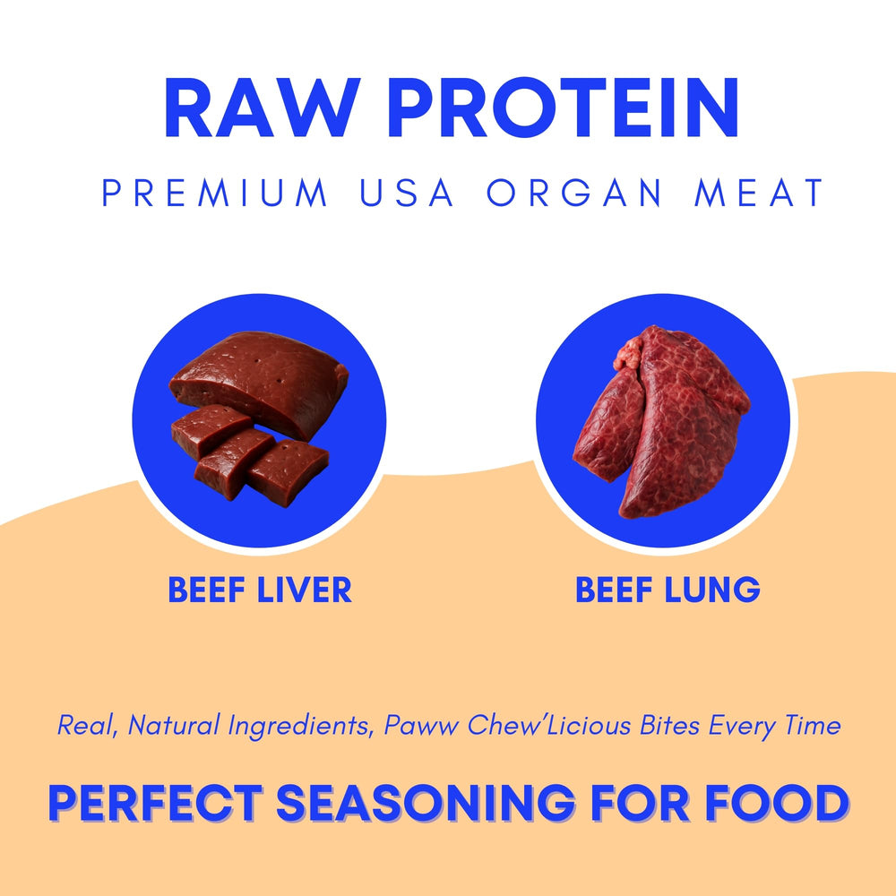 PAWW CHEW Beef Liver Topper powder close-up showing natural texture.