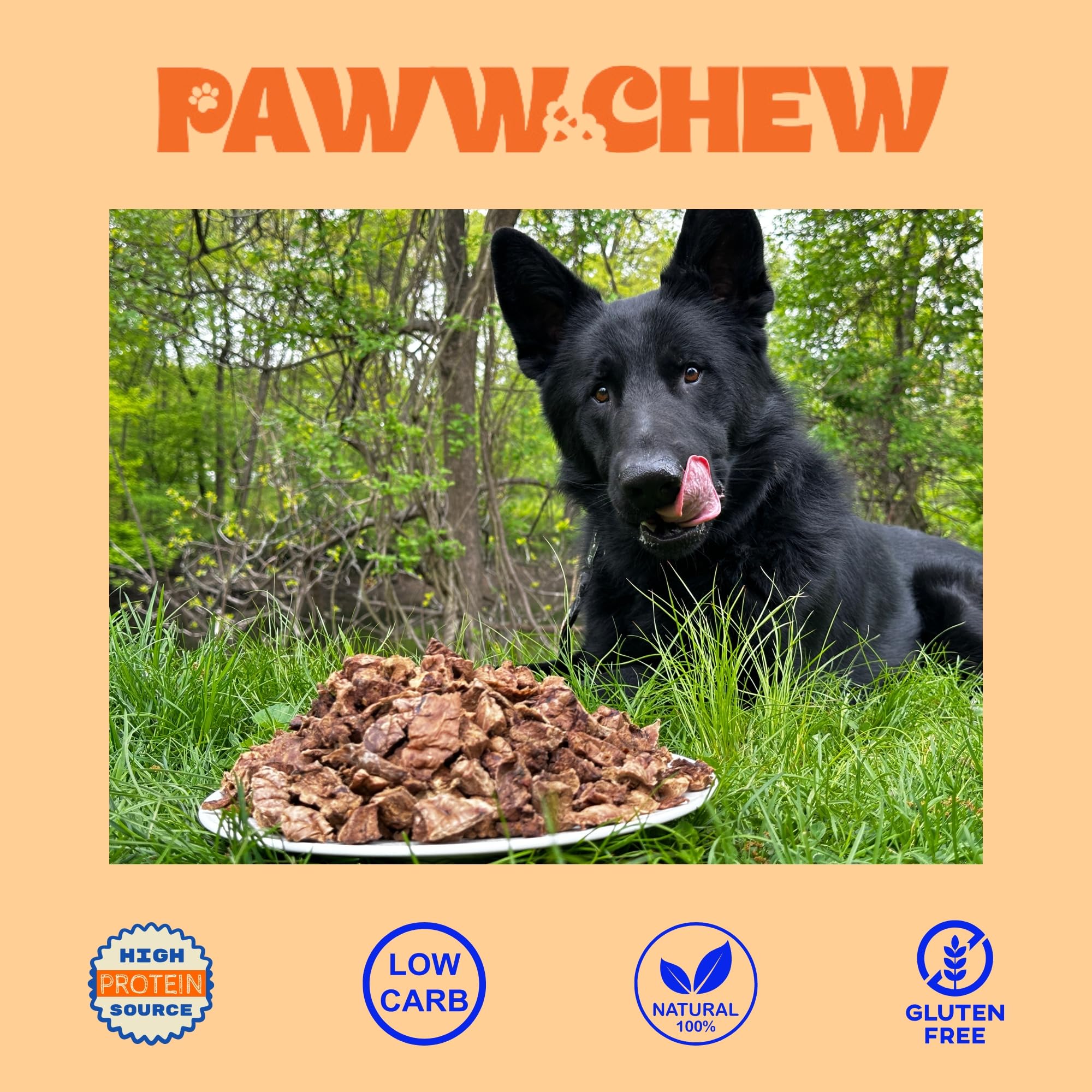 PAWW CHEW Beef Lung treats, grain-free and low-odor option.