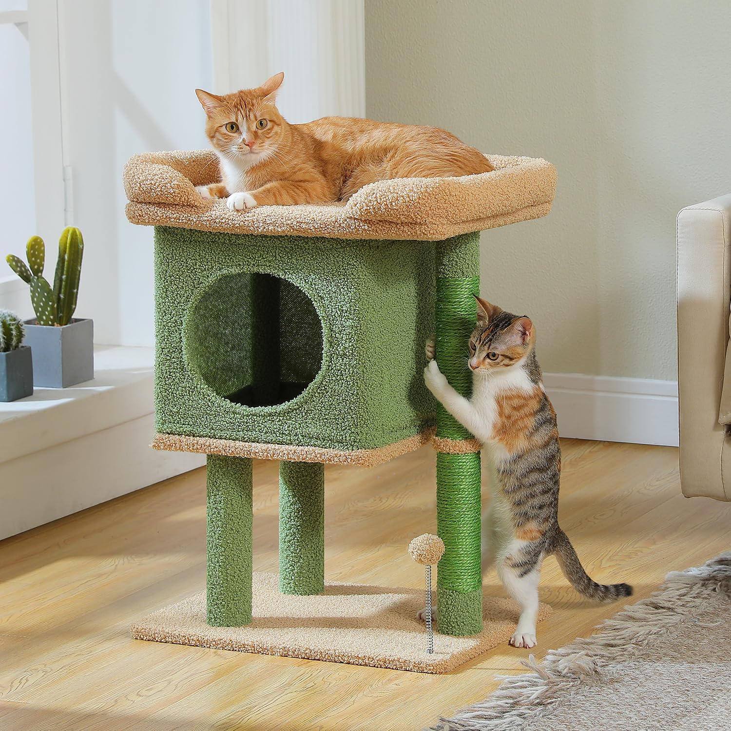 PAWZ Road cactus cat tree in use shows a cat enjoying top perch and scratching posts.