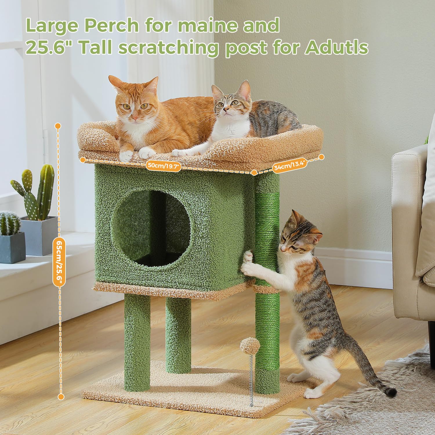 PAWZ Road cactus cat tree private condo offers a cozy hideaway for private cat naps.