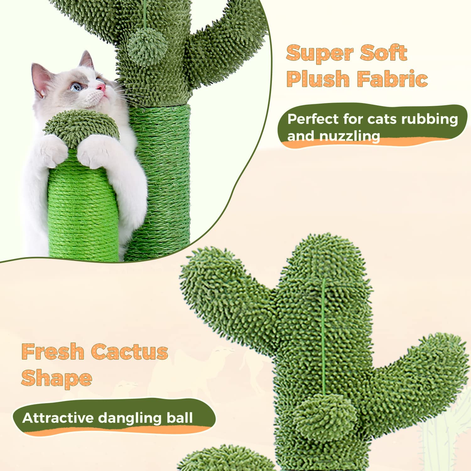 PAWZ Road Cactus Scratcher shows soft carpet on base and top.