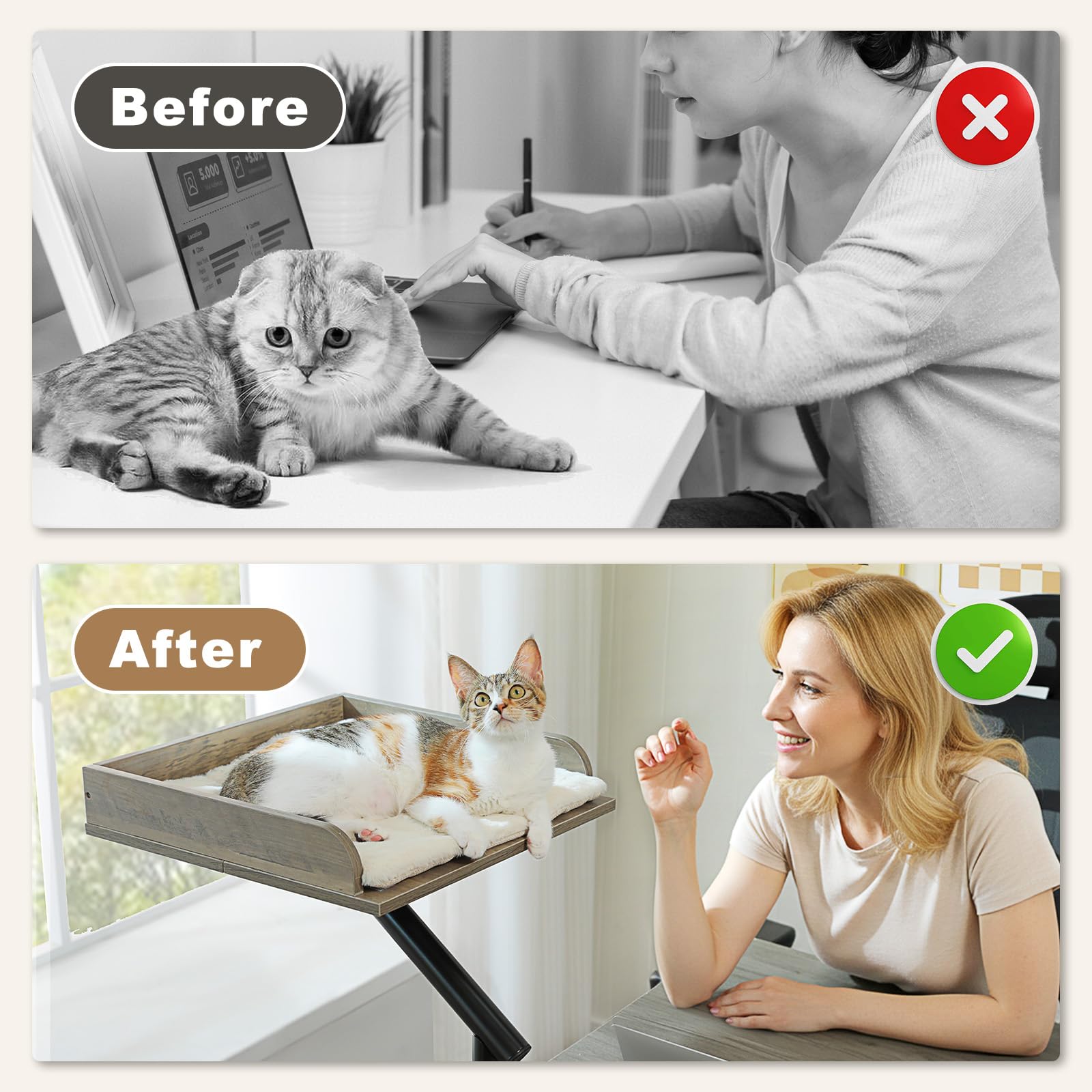 PAWZ Road cat desk bed clamp-mount illustrates easy attachment to desk edges