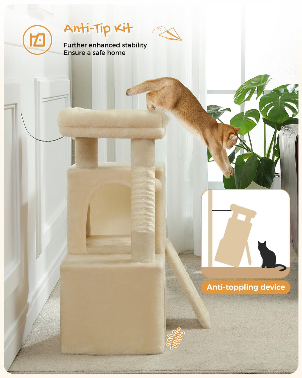 PAWZ Road sturdy base with wall strap prevents tipping and adds safety.
