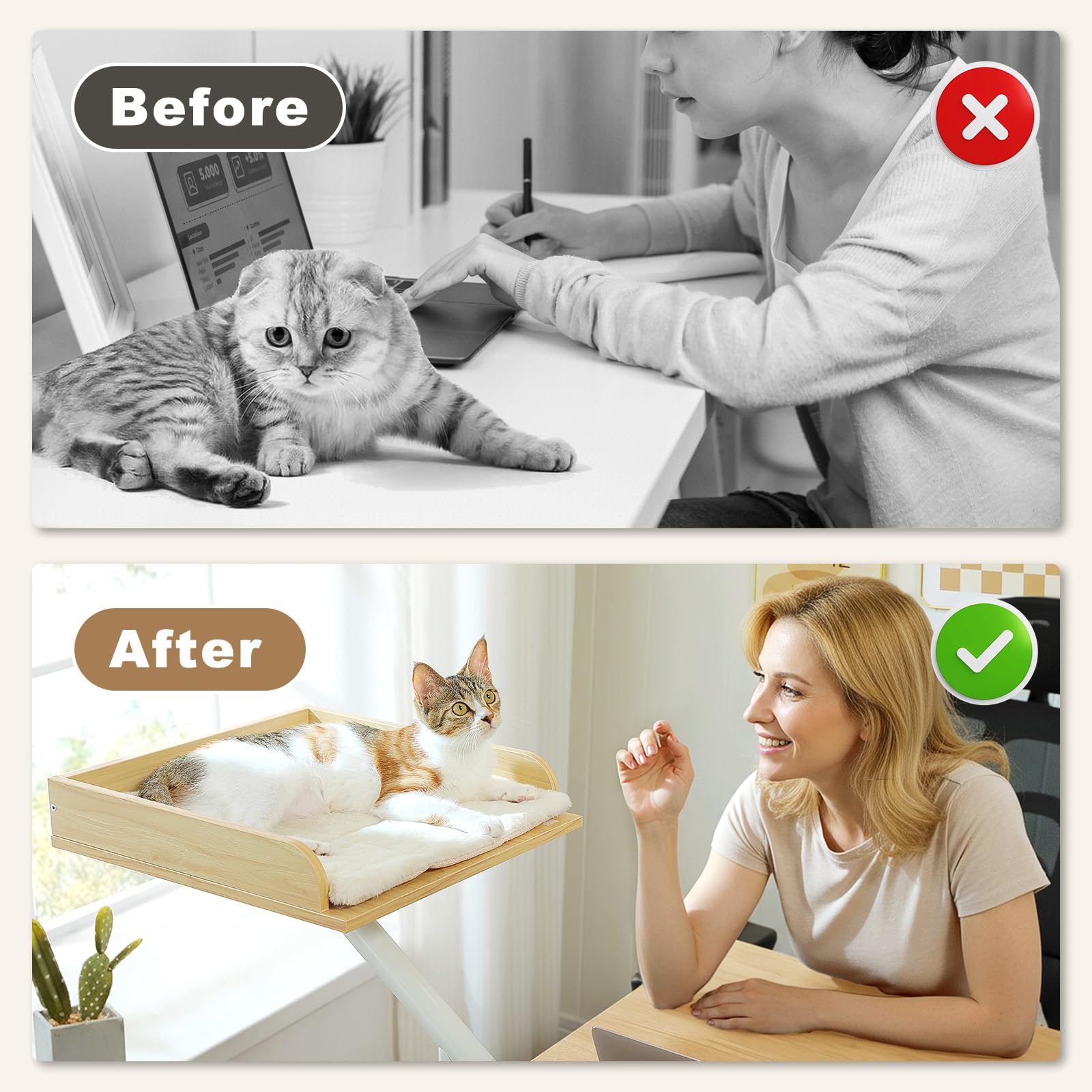 PAWZ Road elevated cat bed on desk keeps your cat within reach while you work.