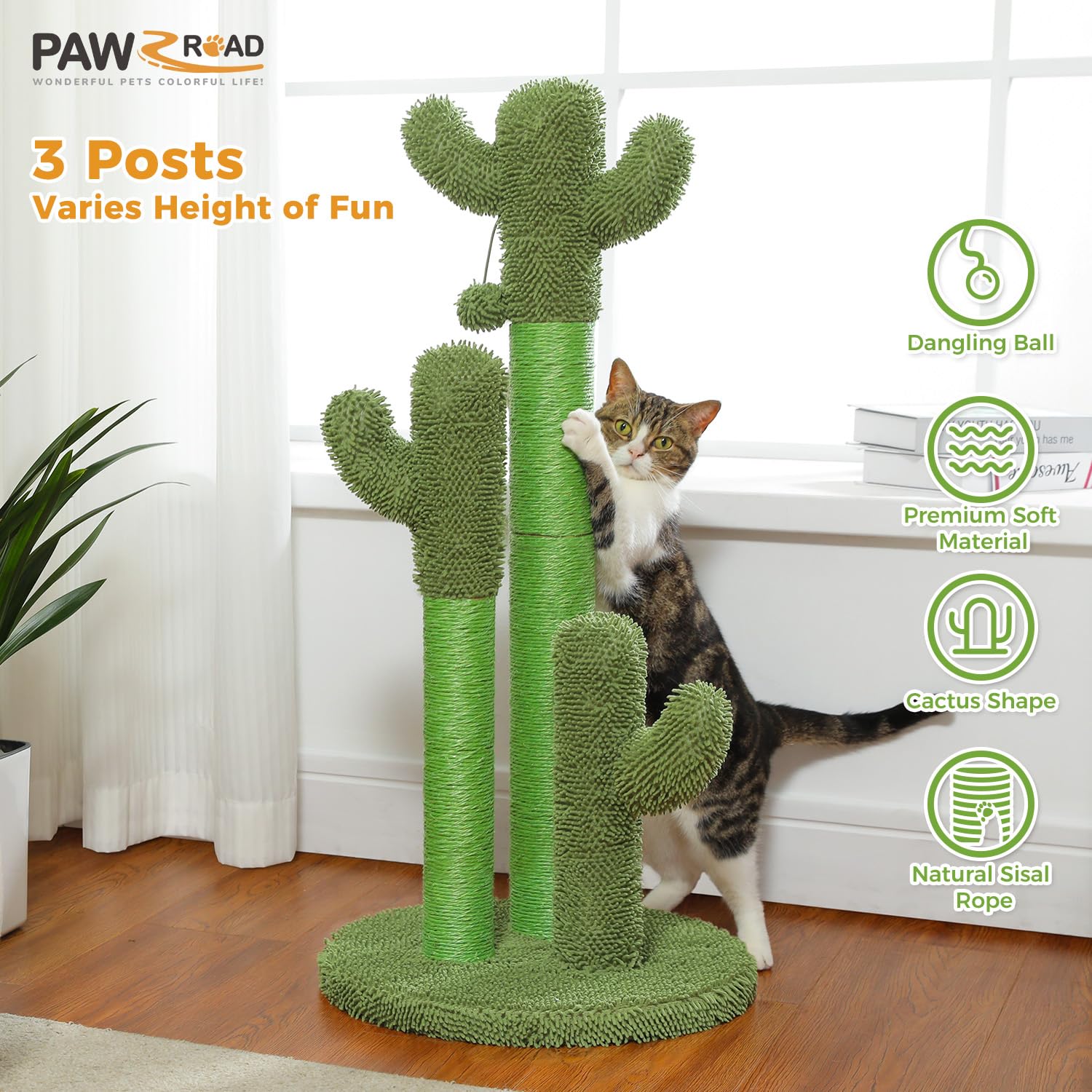 Green natural sisal wrapped posts invite satisfying scratching and stretching.
