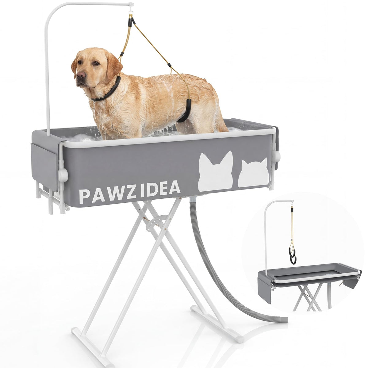 PAWZIDEA 2-in-1 setup shows easy indoor grooming with the convertible tub.