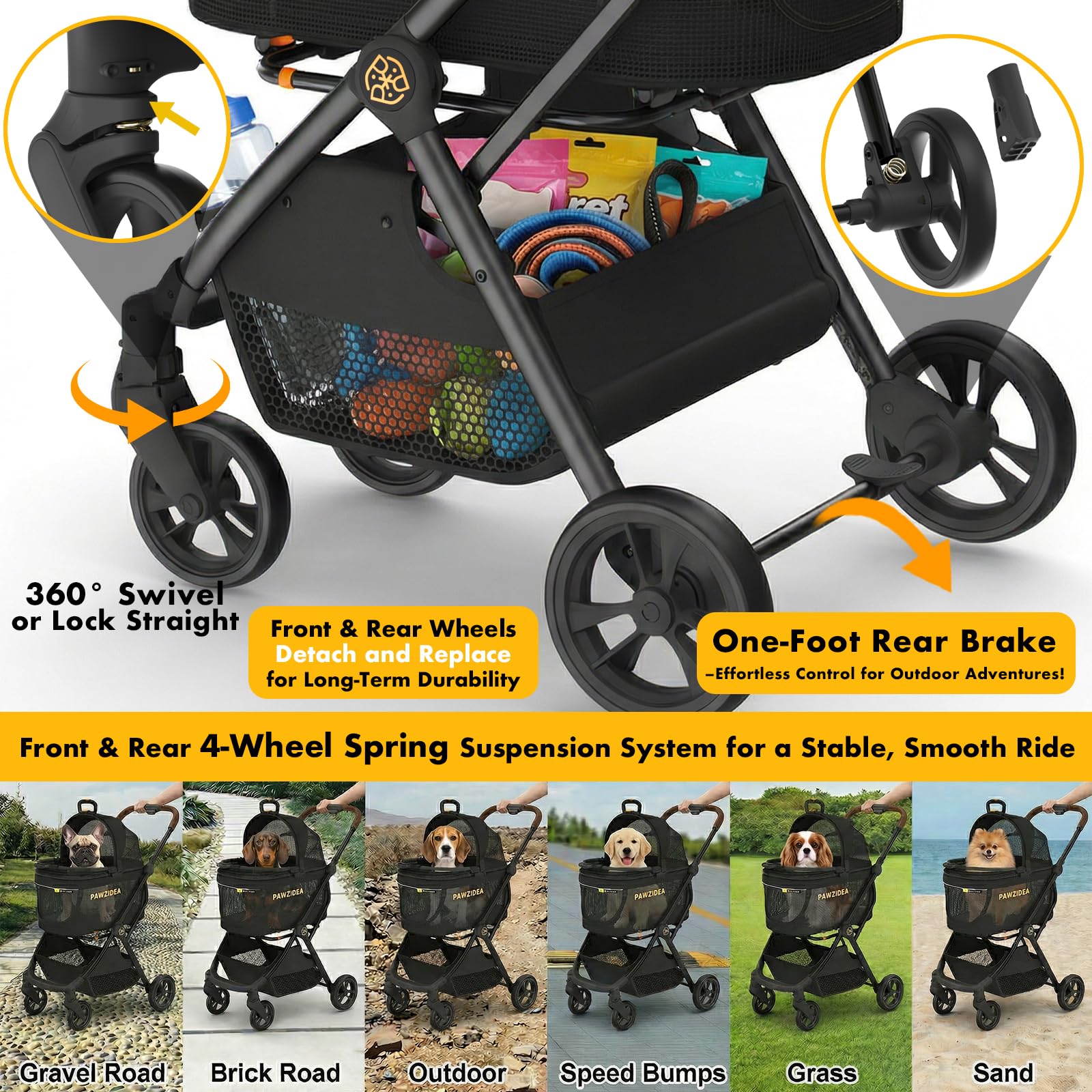 PAWZIDEA all-terrain wheels with smooth suspension.