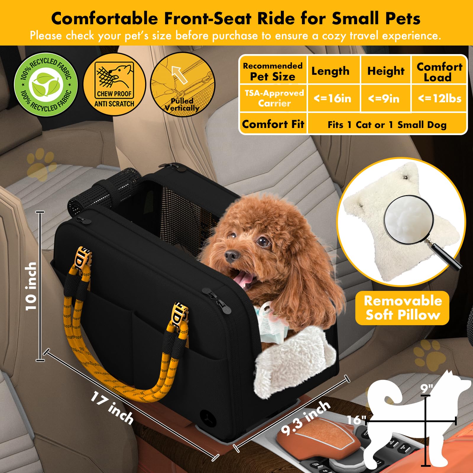 PAWZIDEA center console seat shows removable pillow for comfort on long trips