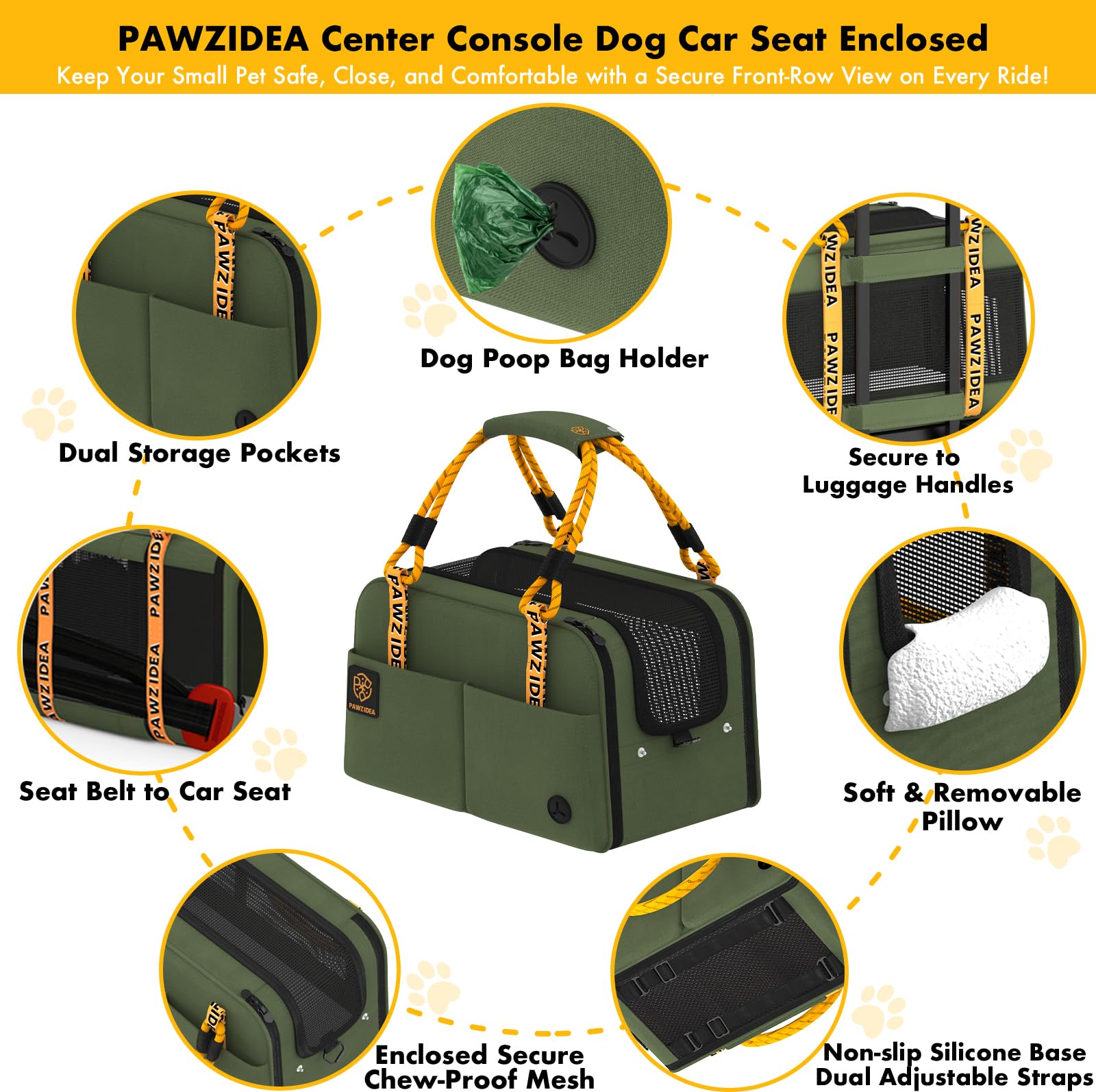 PAWZIDEA rear-seatbelt attachment keeps the carrier securely fastened.