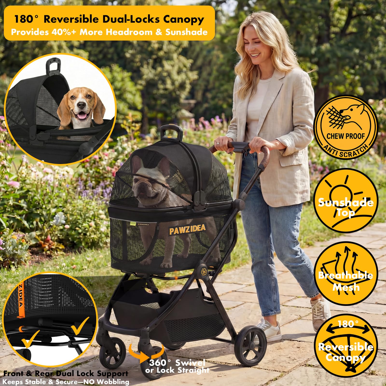 PAWZIDEA detachable carrier attached to stroller for on-the-go use.