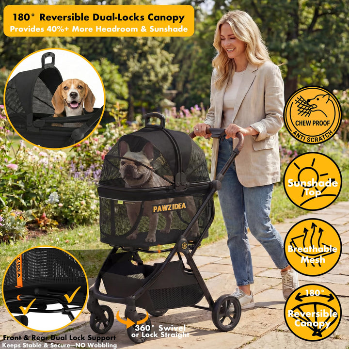PAWZIDEA detachable carrier attached to stroller for on-the-go use.