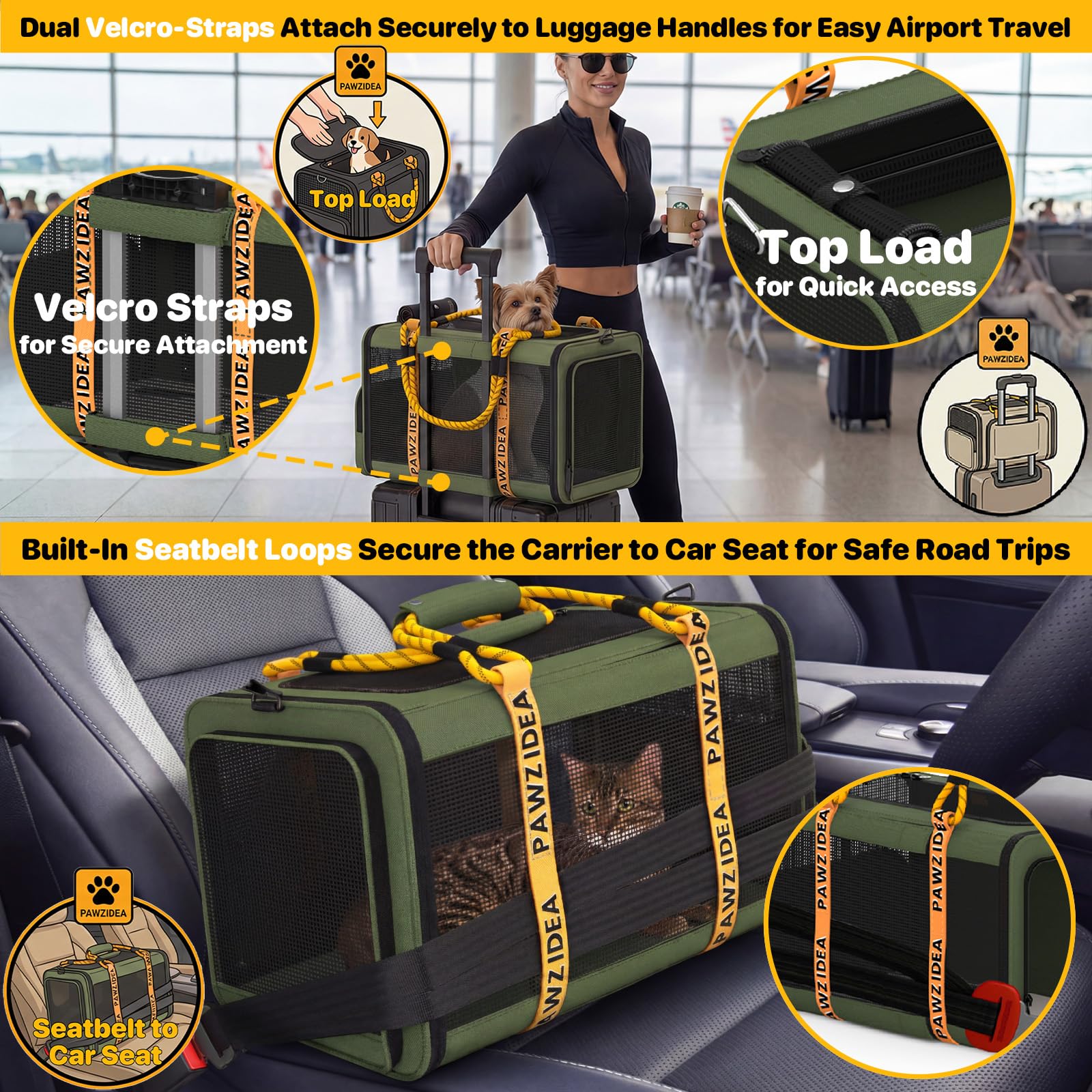 PAWZIDEA expandable carrier safety leash clip secures pet