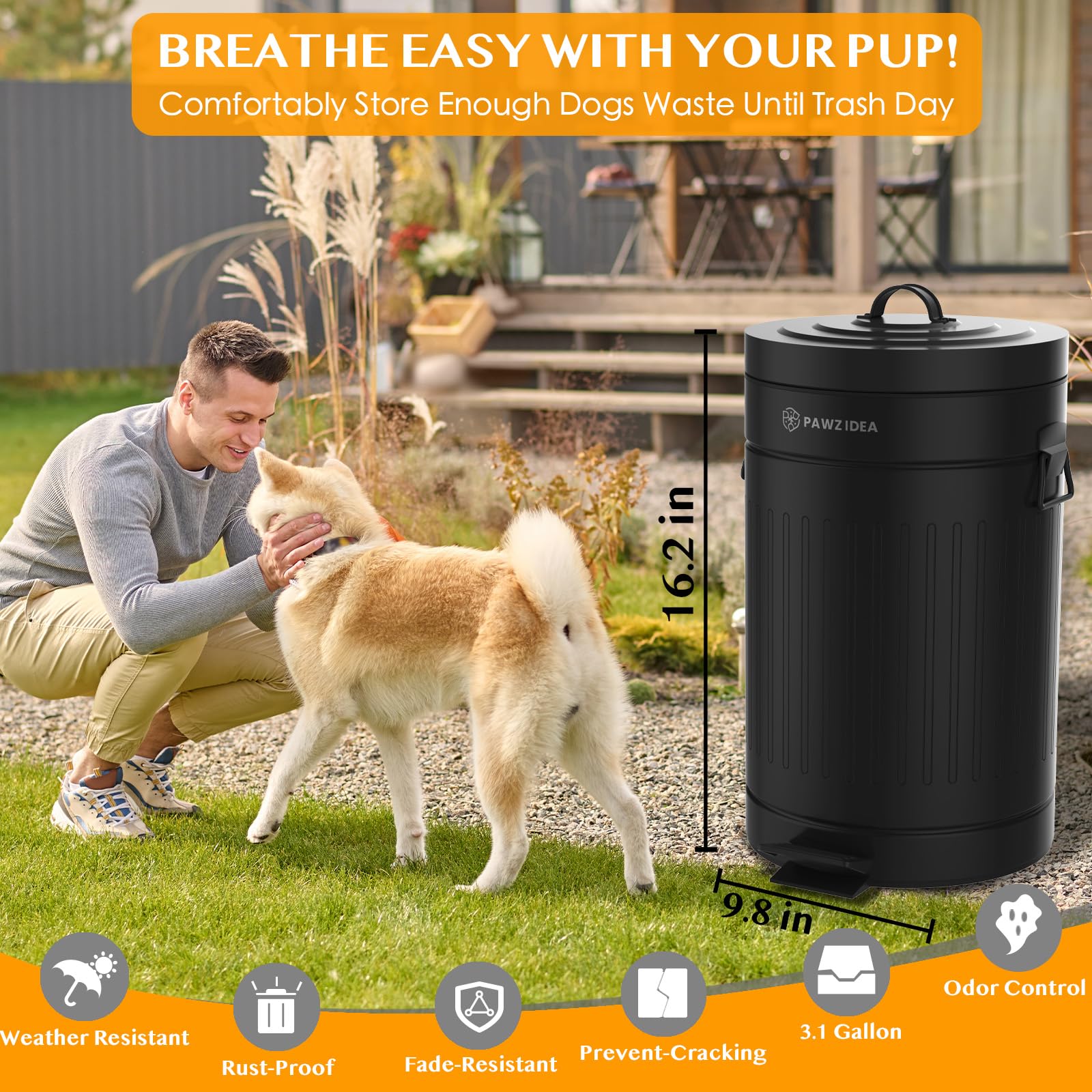 PAWZIDEA weatherproof metal bin resists rust and fading in sun and rain