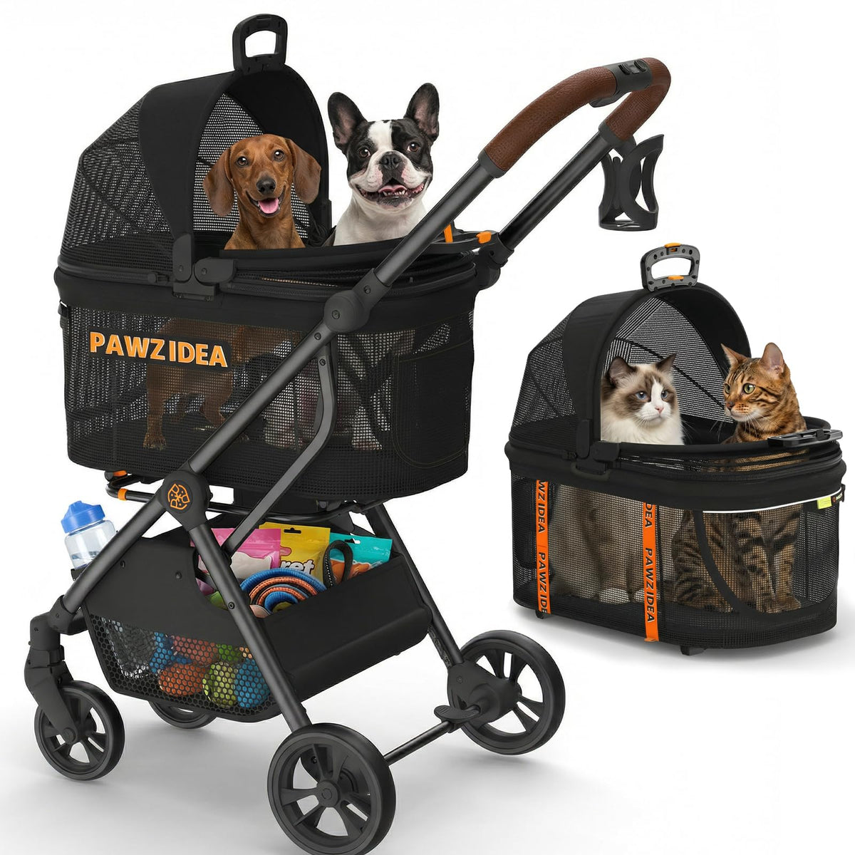 PAWZIDEA 4-in-1 stroller folded view for travel and storage.