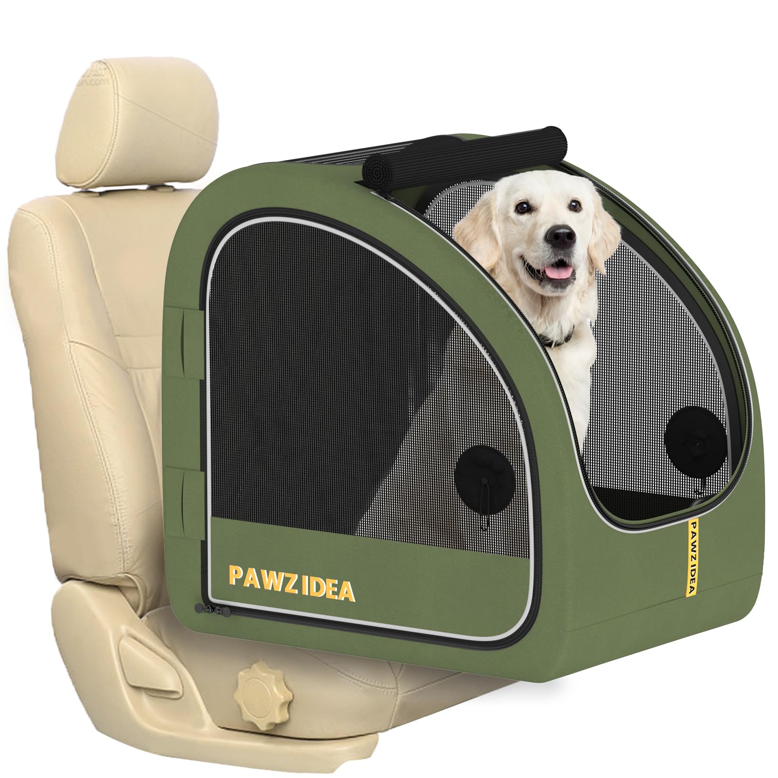 PAWZIDEA crate front view on car seat for upright space